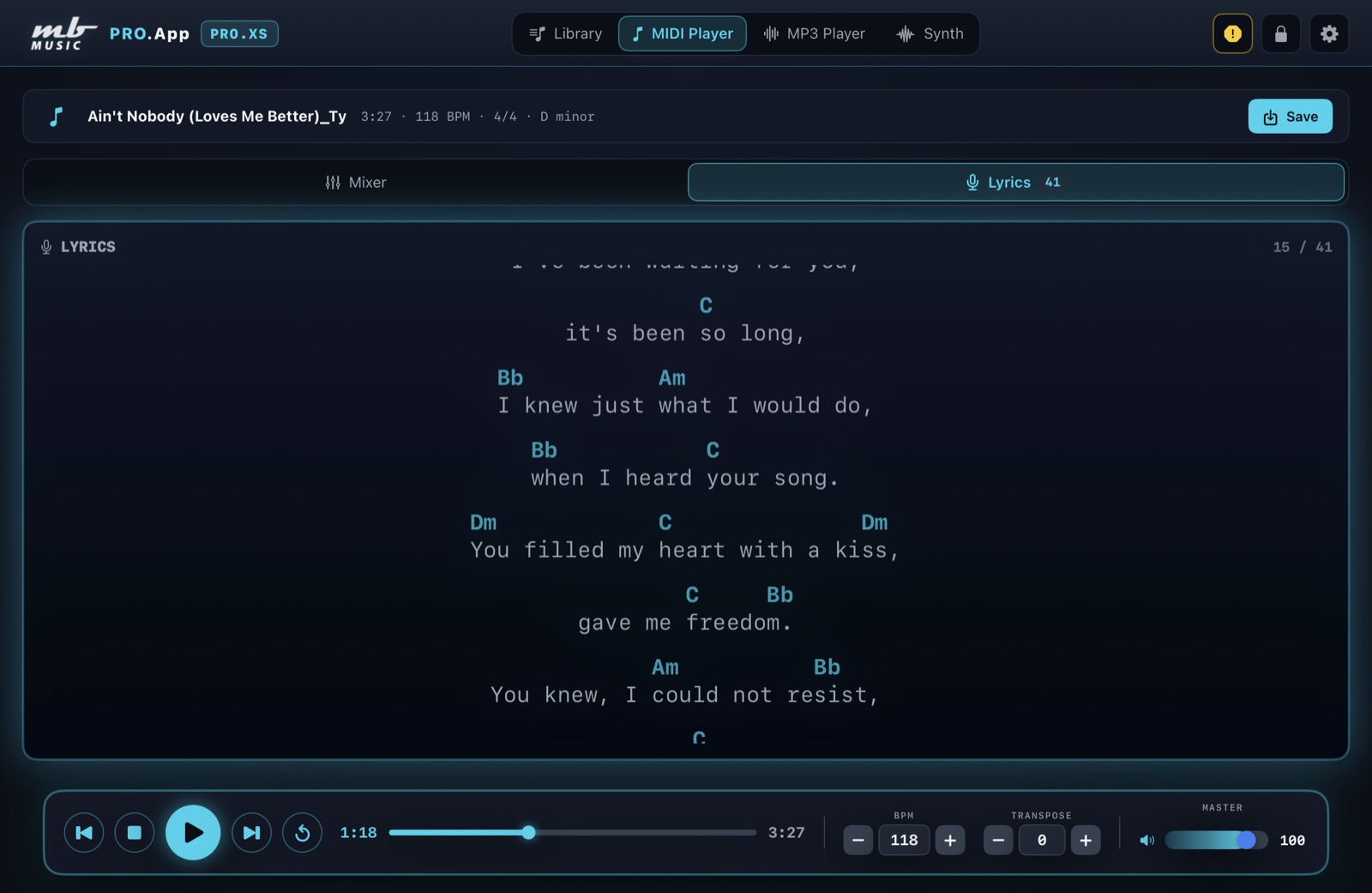 MBMusic PRO.App — Songtext mit Akkorden über der Textzeile im MIDI Player