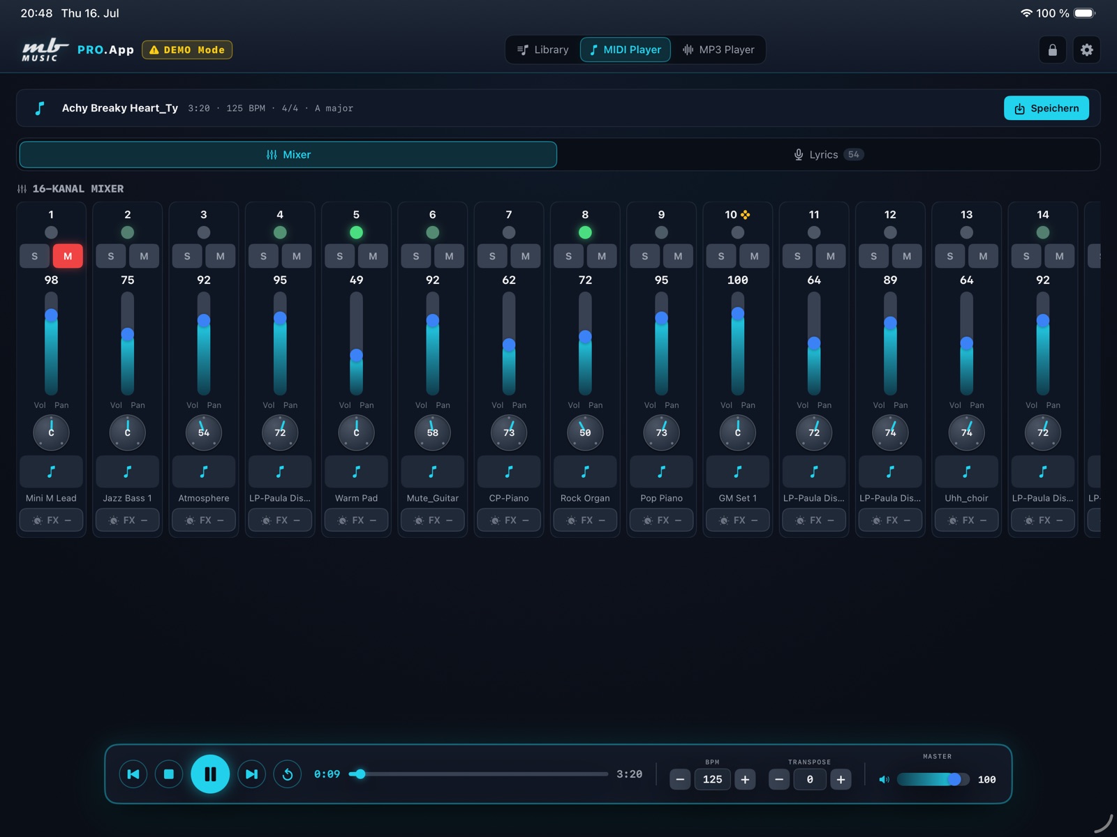 MBMusic PRO.App — MIDI Player mit 16-Kanal-Mixer